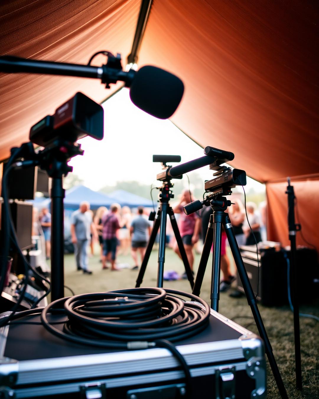 Plateau radio et vidéo Brozers monté sous une tente de festival, avec caméras PTZ et câbles XLR
